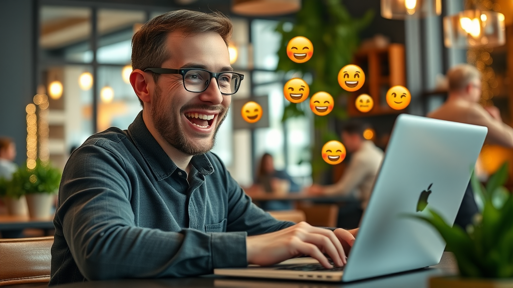 happy customer posting an effective local advertising review online, local café scene