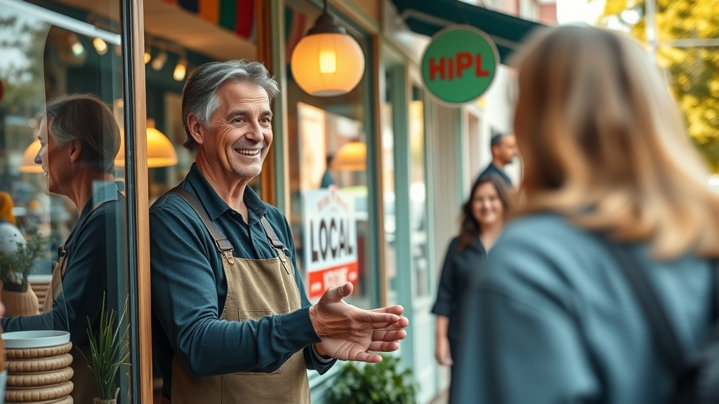 vibrant local business storefront with welcoming shop owner and community, local business marketing