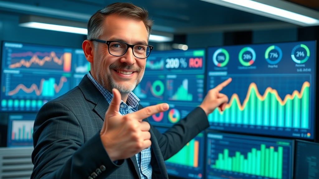 creative marketing leader points to digital ROI dashboard, cost-effective marketing management, sleek workspace