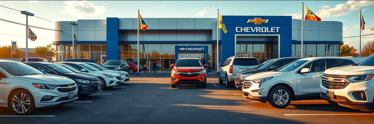 Chevrolet new and used auto sales dealership lot with cars and showroom in sunlight