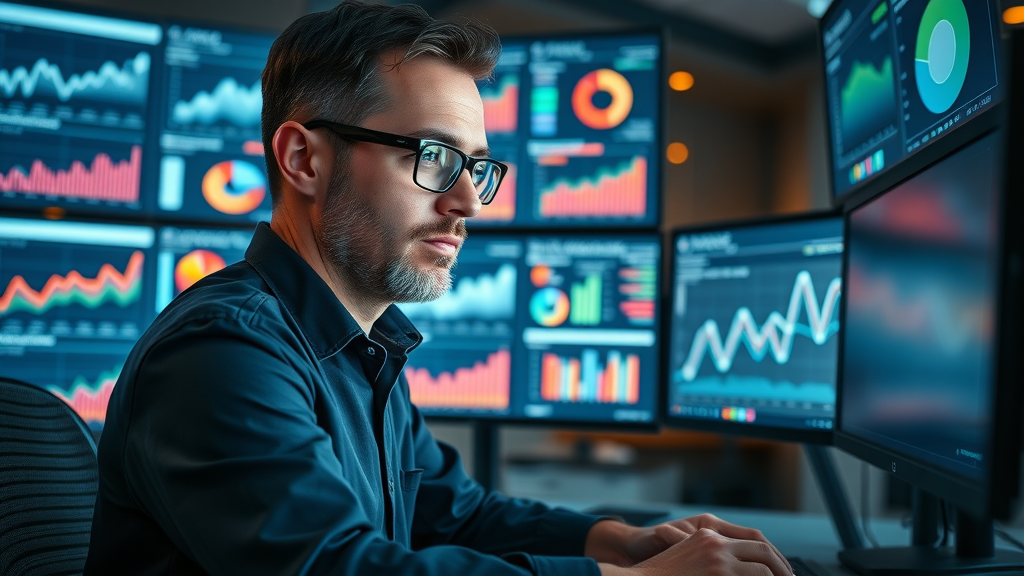 meticulous analyst monitoring marketing KPIs and charts, cost-effective marketing management, analytics lab