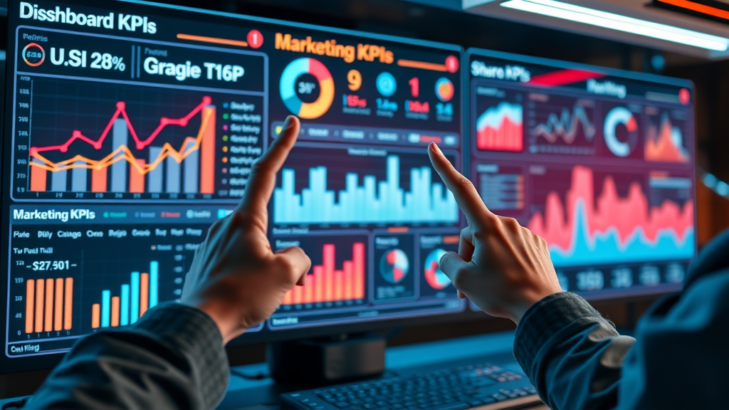 Digital dashboard tracking marketing KPIs, Outsourced Marketing Leadership team monitoring measurable results.