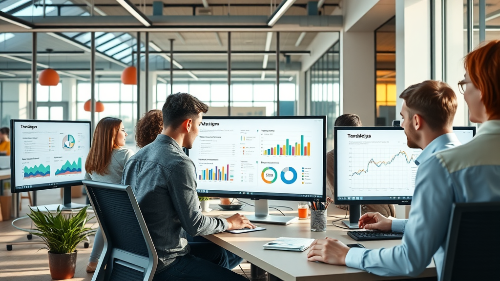 Vibrant modern web design studio, diverse team of designers, collaborating on large monitors displaying trend charts, modern web design trends, sleek open office, creative decor, detailed, bold color accents