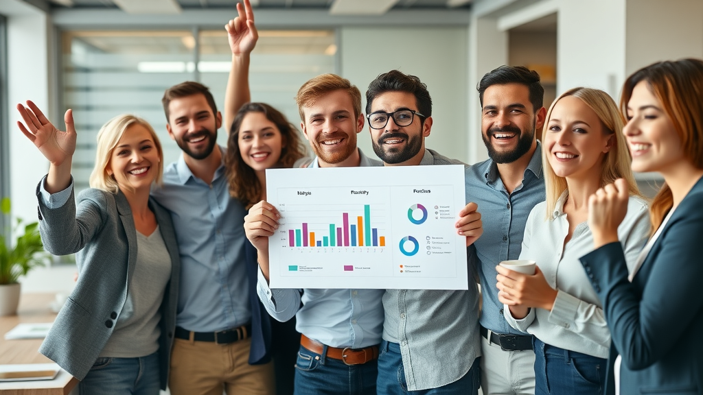 Marketing team celebrating success with the guidance of outsourced marketing leadership, reviewing measurable business growth charts.