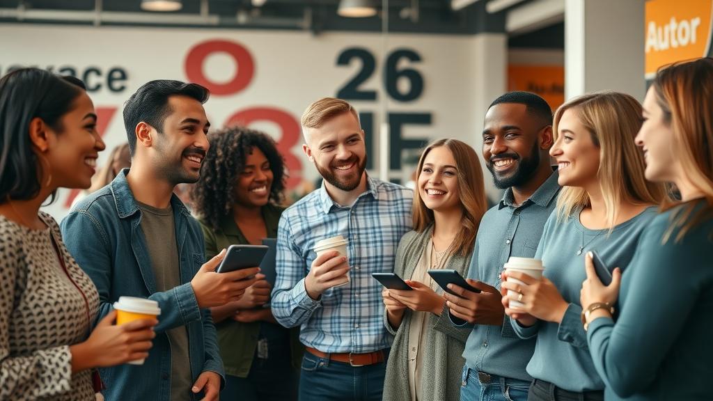 Community engagement branding in a modern coworking space with vibrant group discussing ideas