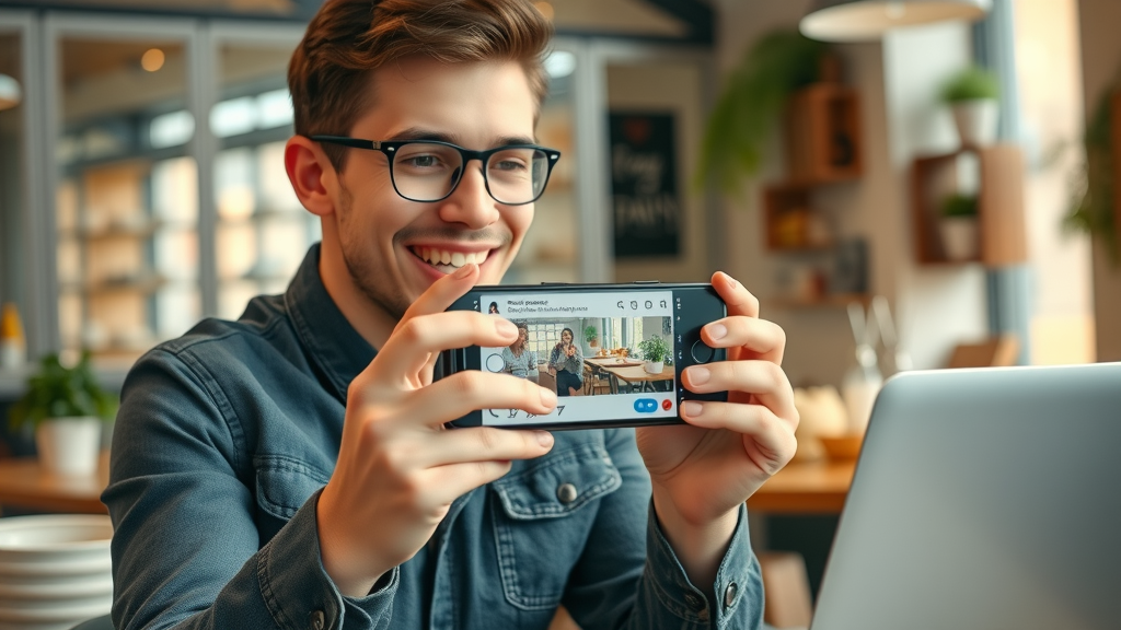 youthful entrepreneur filming content for business social media, cost-effective marketing management, trendy cafe