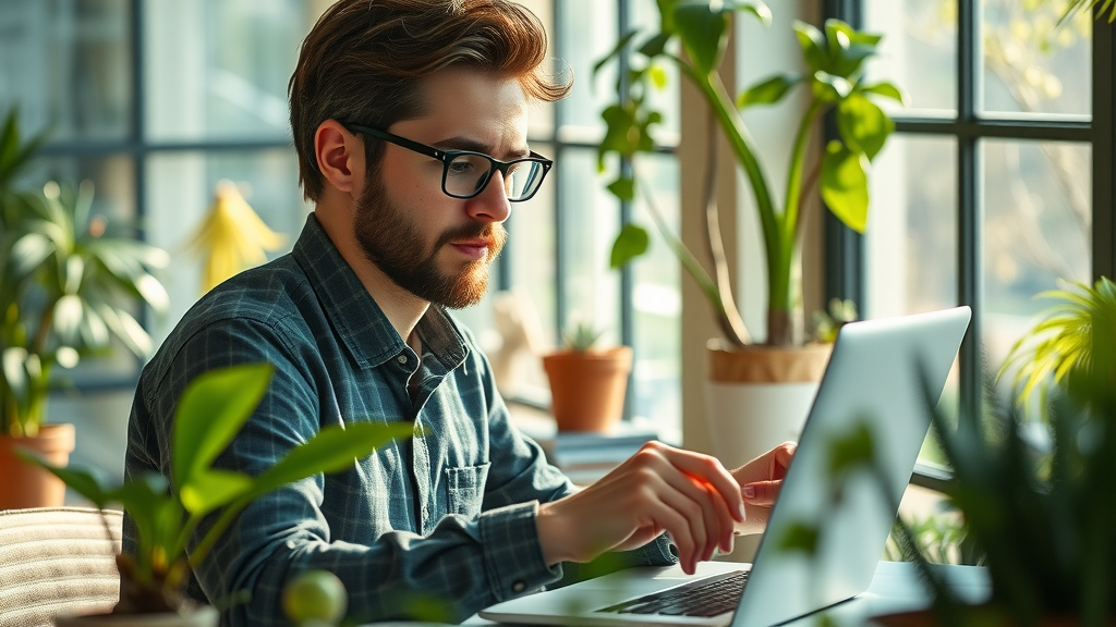 Eco-conscious web designer, focused on sustainable web design trends, energy-efficient device, green workspace, plants, recycled materials