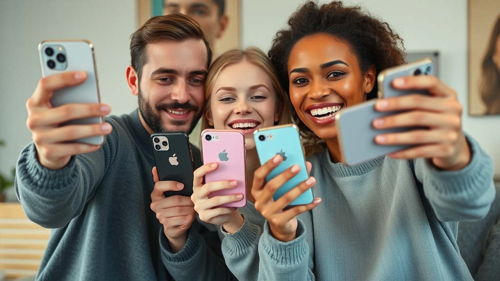 Happy customers sharing user-generated content for brand loyalty with branded products on social media