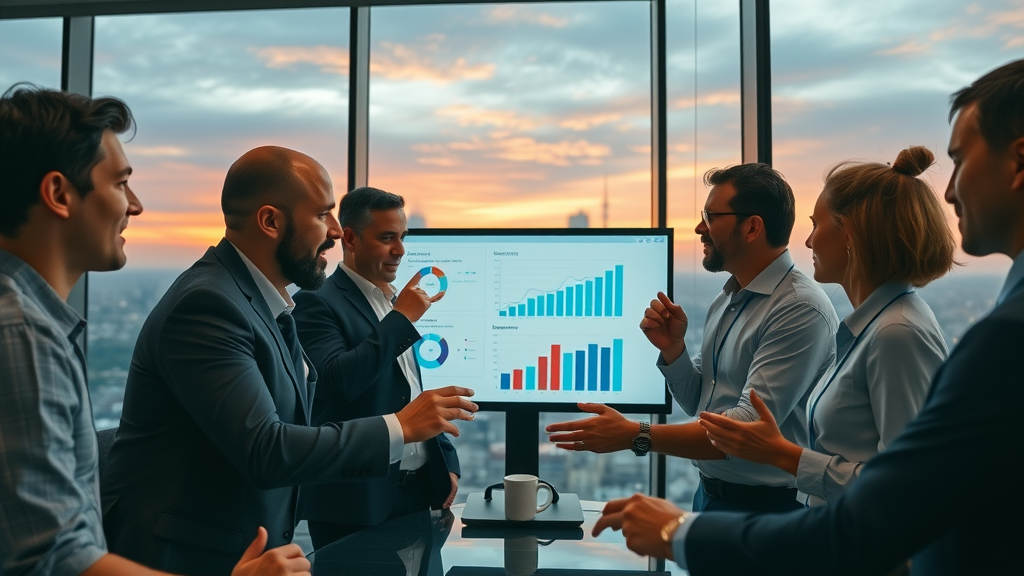 Dynamic decision-making with business team reviewing options for fractional CMO vs full-time CMO