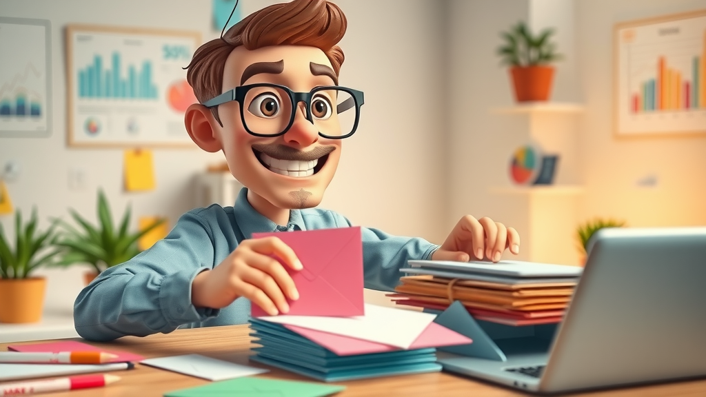 innovative marketer arranging budget envelopes, cost-effective marketing management in playful workspace