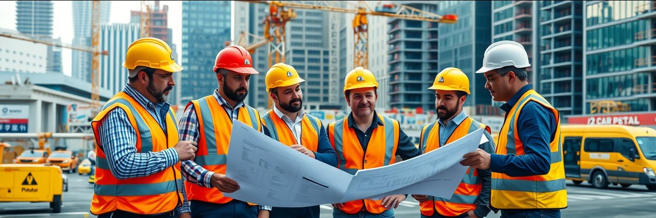 Construction management team reviewing blueprints at a modern urban building site.