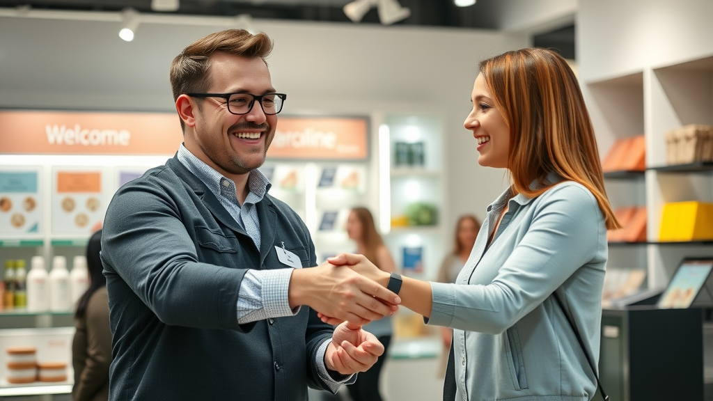 Brand representative building trust and rapport with happy customer in a retail environment