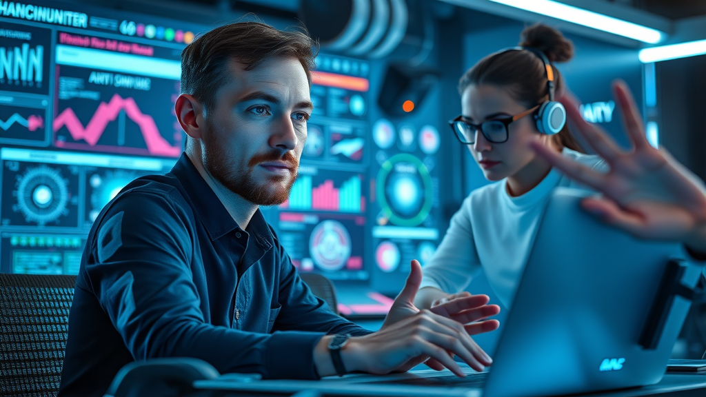 Innovative web design team using AI tools, futuristic dashboards, AI-powered assistants, digital holographic modern web design trends