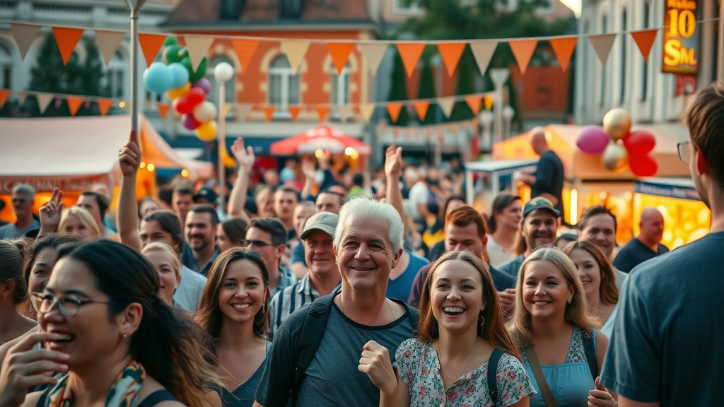 cheerful crowd at a local outdoor event, diverse group enjoying effective local advertising activities