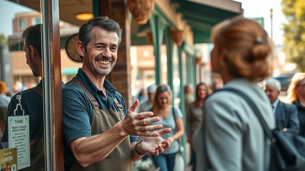inviting local storefront, friendly business owner greeting customers, welcoming smile, interacting with community, busy main street with other small businesses and passersby, effective local advertising