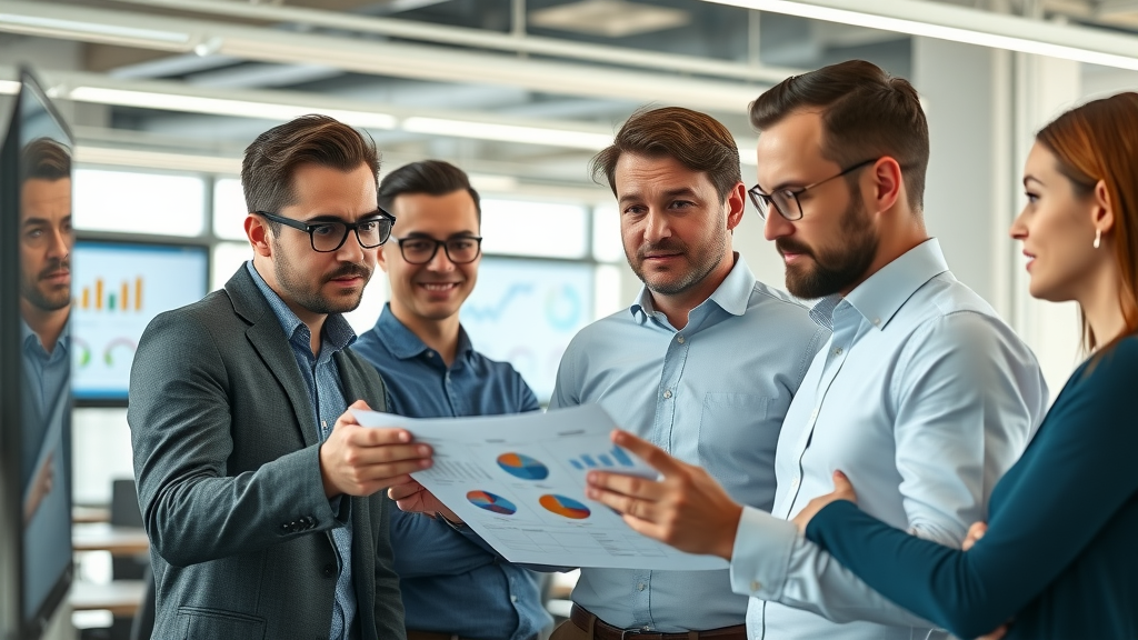 marketing team collaborating with chief marketing officer over digital dashboards