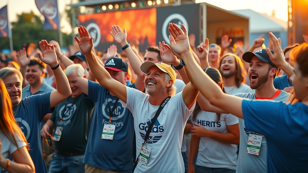 Brand community members celebrating engagement and fan loyalty in a branded outdoor festival scene