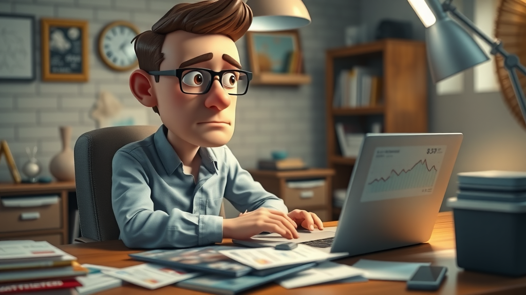 concerned small business owner reviewing poor effective local advertising results, cluttered desk