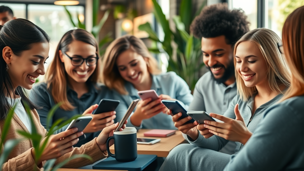 Diverse group using smartphones to browse a mobile-friendly website in a modern coffee shop