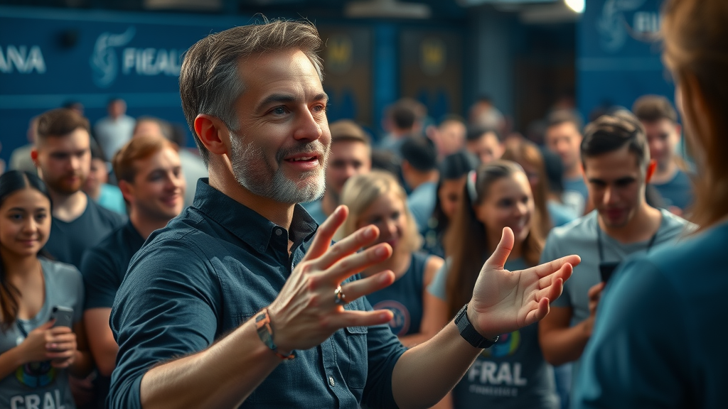 Brand ambassador inspiring community engagement and leading group activity for brand loyalty