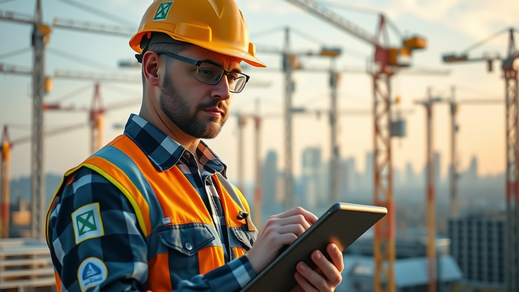 Construction manager oversees building site using tablet, highlighting digital construction management.