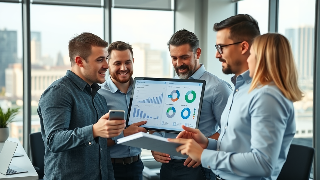 motivated team of professionals at a modern office, discussing effective local advertising strategies, digital marketing screens, local marketing