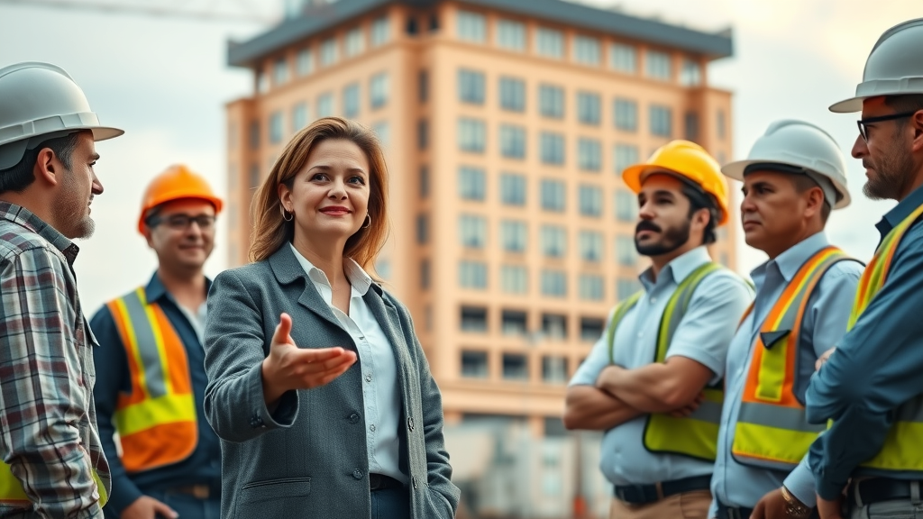 Female construction leader guides team at infrastructure site, demonstrating construction management leadership.