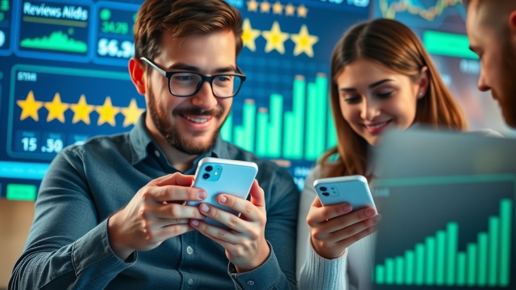 Satisfied customers analyzing star ratings on digital devices in local business review marketing infographic