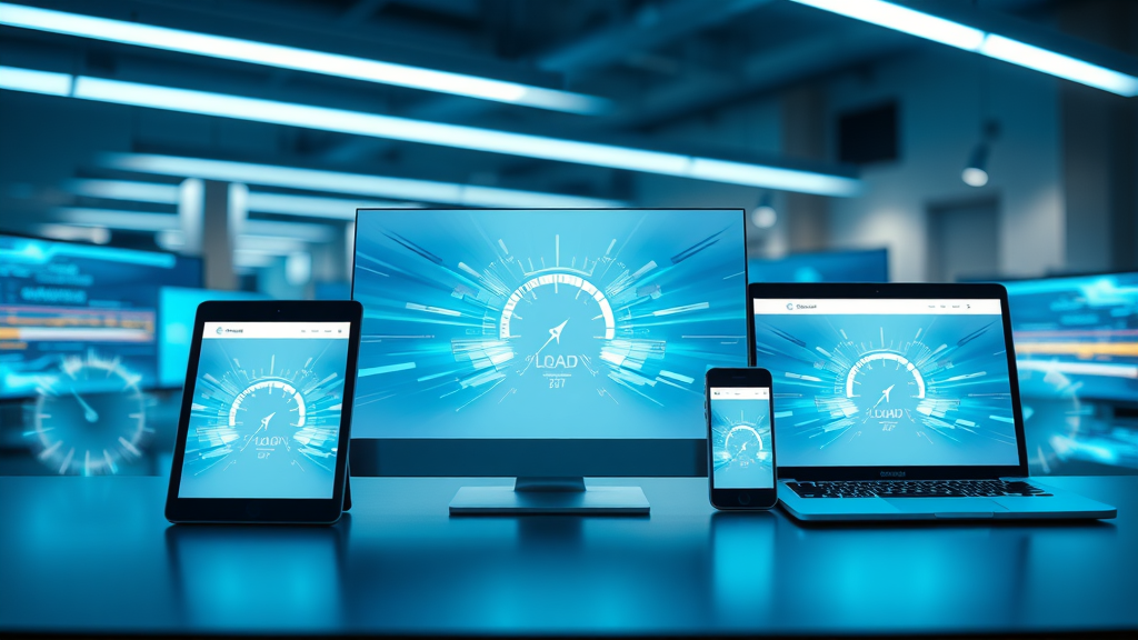 Modern website on multiple devices, lightning-fast load animation, fast site design trend, speed optimization, glowing blue