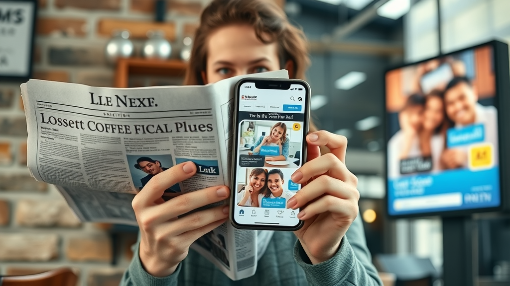contrasting visuals of traditional vs. digital local advertising mediums, hands holding newspaper and smartphone with local ad, split local market background