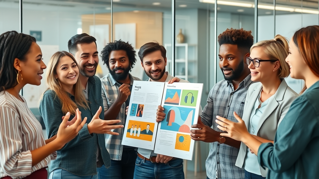 web and graphic design: Collaborative team brainstorms brand visuals in an inspired meeting room