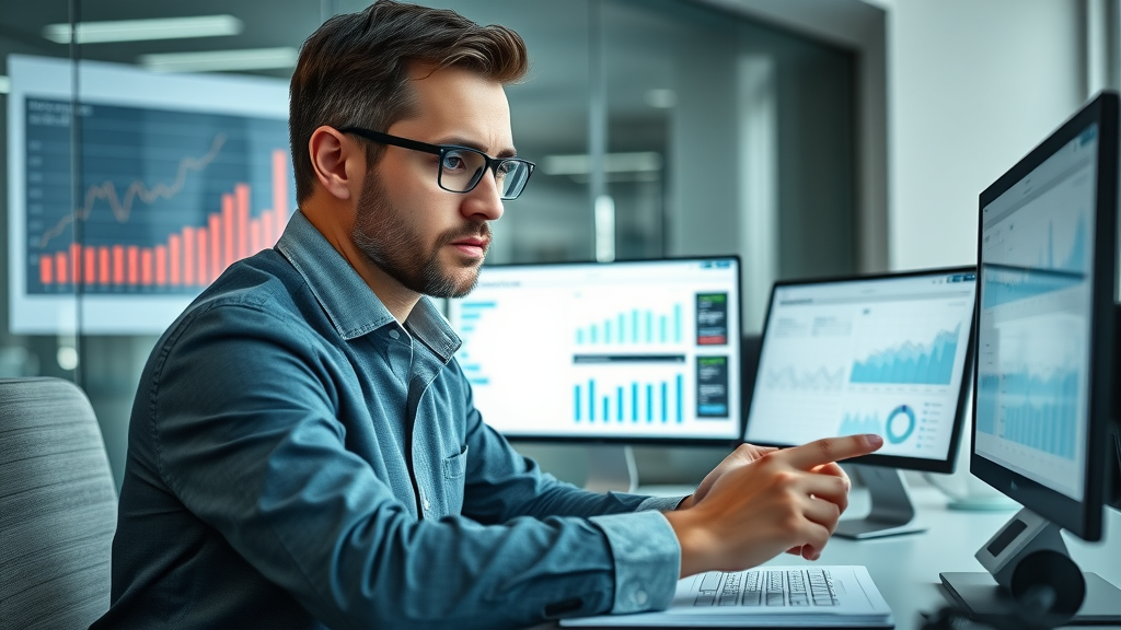 chief marketing officer reviewing cost savings with digital dashboard