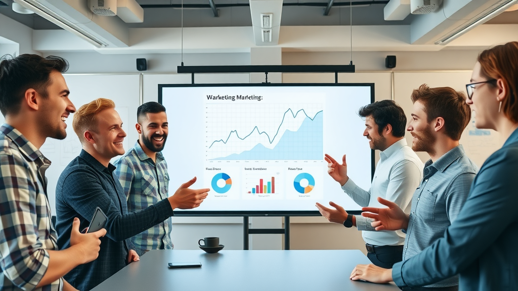 tech startup team presenting marketing results with fractional chief marketing officer