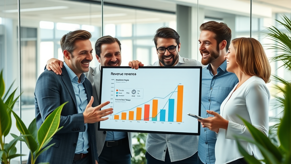 business team celebrating revenue growth - local business growth strategies success stories