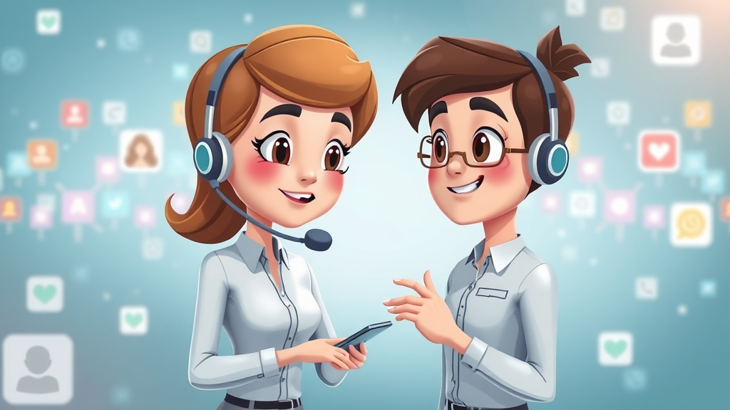 Cheerful virtual assistant avatar supporting customer, illustrating AI-powered customer engagement via digital chat, clean tech background