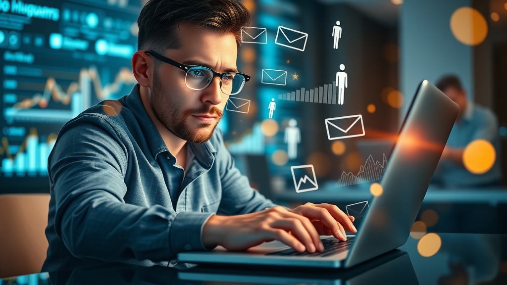 tech-savvy marketer optimizing email campaign analytics, cost-effective marketing management, imaginative workspace