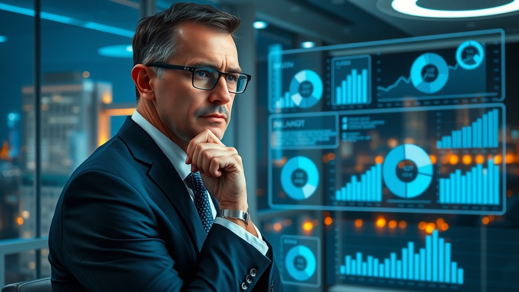 Executive pondering marketing leadership options with KPI dashboards, fractional CMO vs full-time CMO