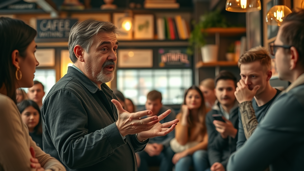 Brand storyteller sharing an engaging brand journey with attentive brand community in a cozy setting