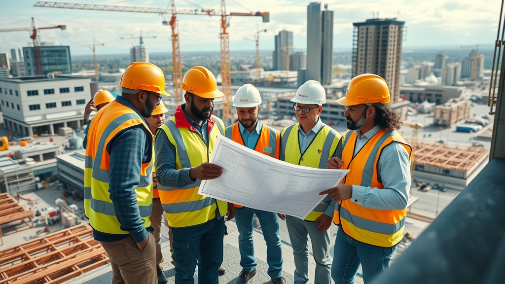 Construction management team reviews plans at active building site, ensuring on-time project delivery.