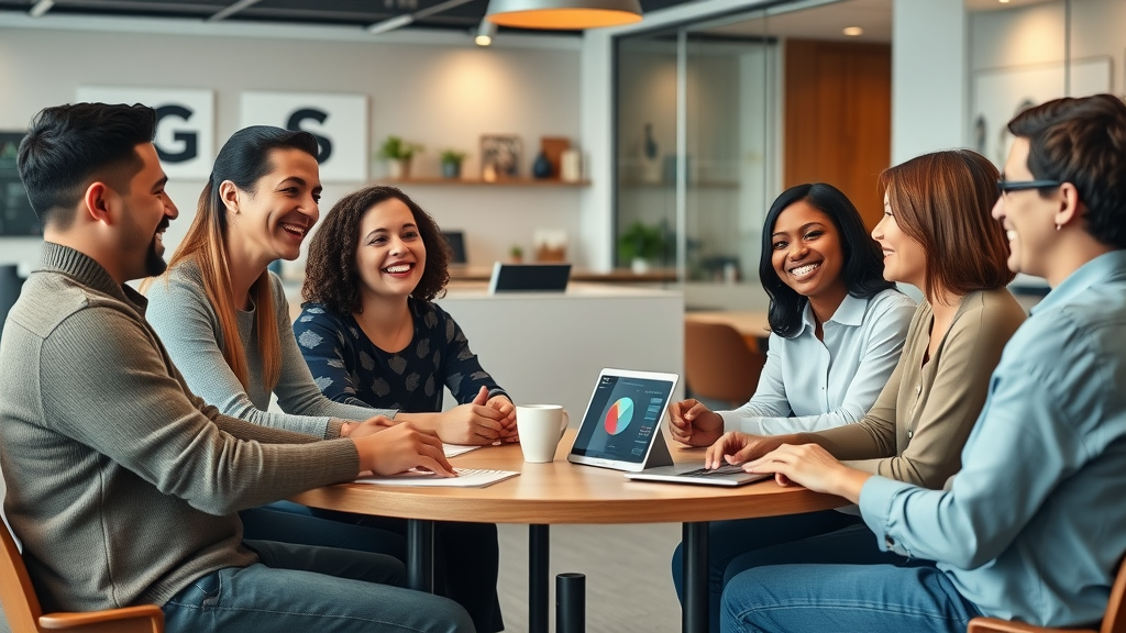 Internal and Outsourced Marketing Teams collaborating harmoniously around a round table.