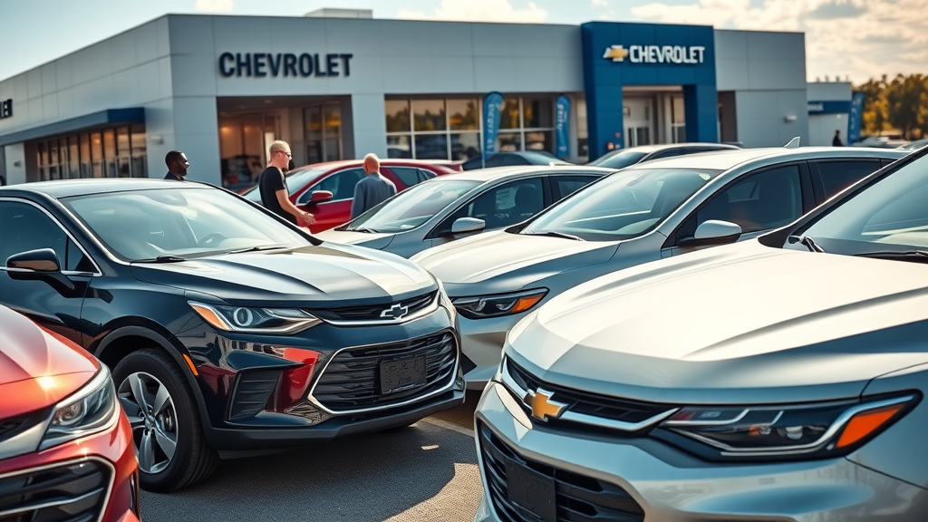 Modern Chevrolet dealership lot with new and used auto sales, daylight