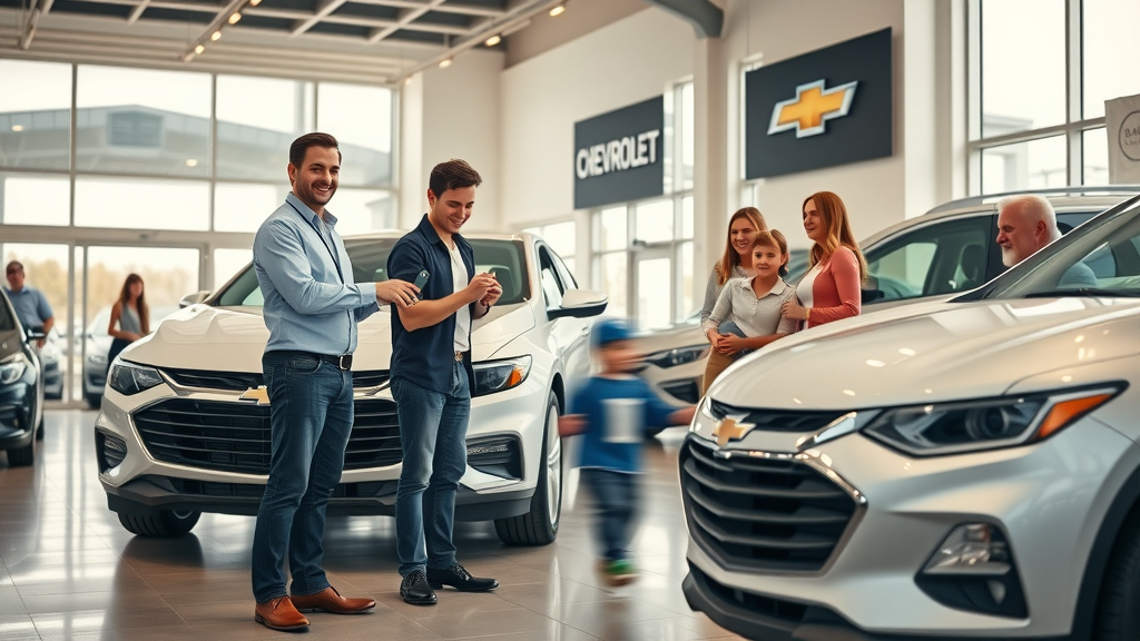 Happy family receiving keys at Chevrolet new and used auto sales showroom