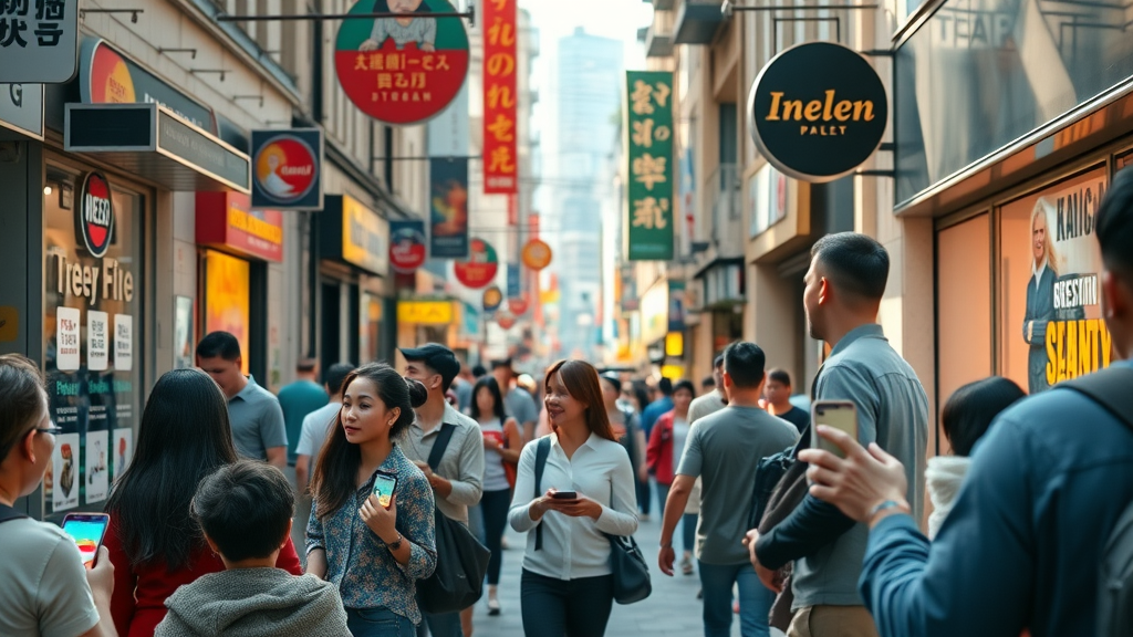 Vibrant main street with local businesses and customers engaging with digital ads - online advertising for local businesses, local ad, small business, local customers, storefront online advertising