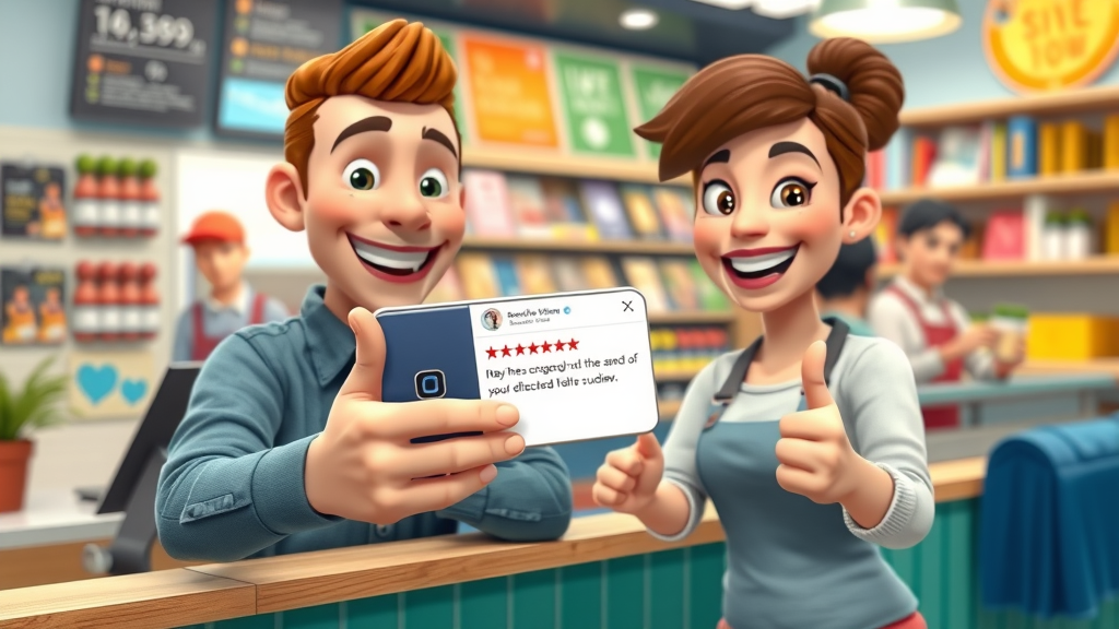 Happy customers posting positive reviews at small business counter - business profile, local advertising, online advertising for local businesses