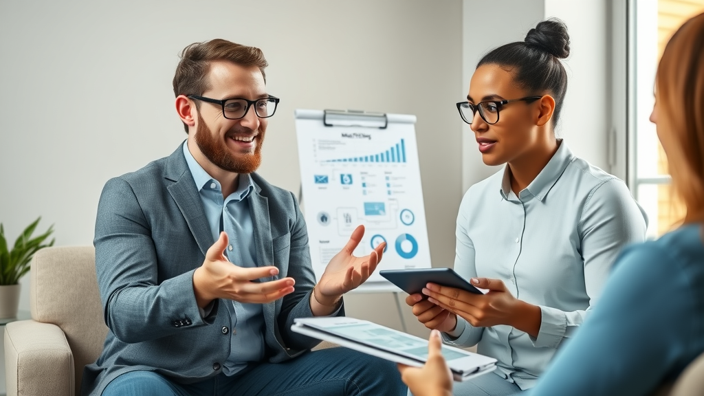 digital marketing consultant explaining local marketing strategies to small business owner, FAQs, online marketing advice, consultation office