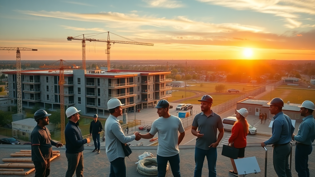 Construction crew celebrates on-time project completion outside new community building.