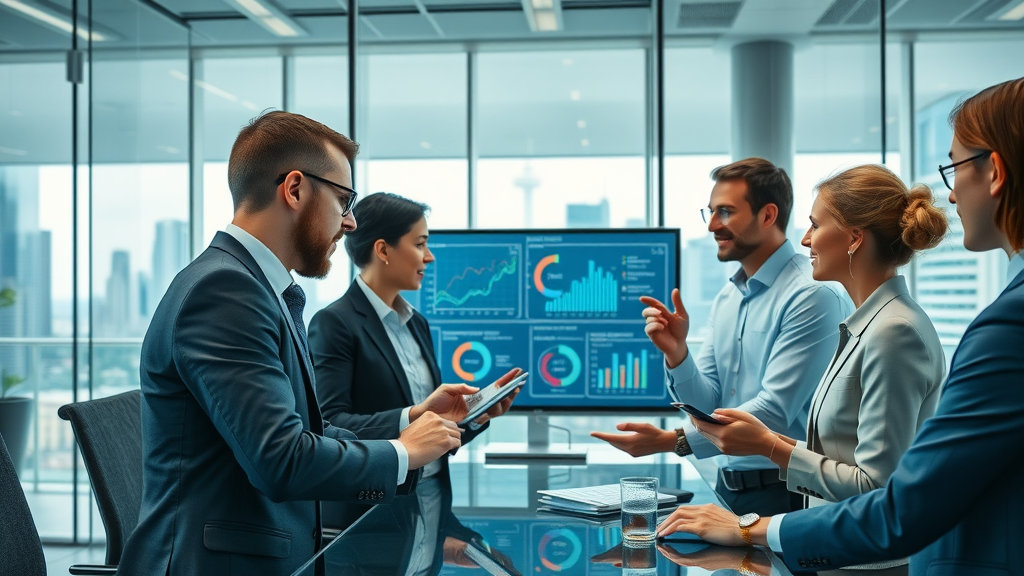 Modern business leaders utilizing outsourced marketing leadership in a high-tech boardroom, reviewing analytics and strategizing with a marketing team.
