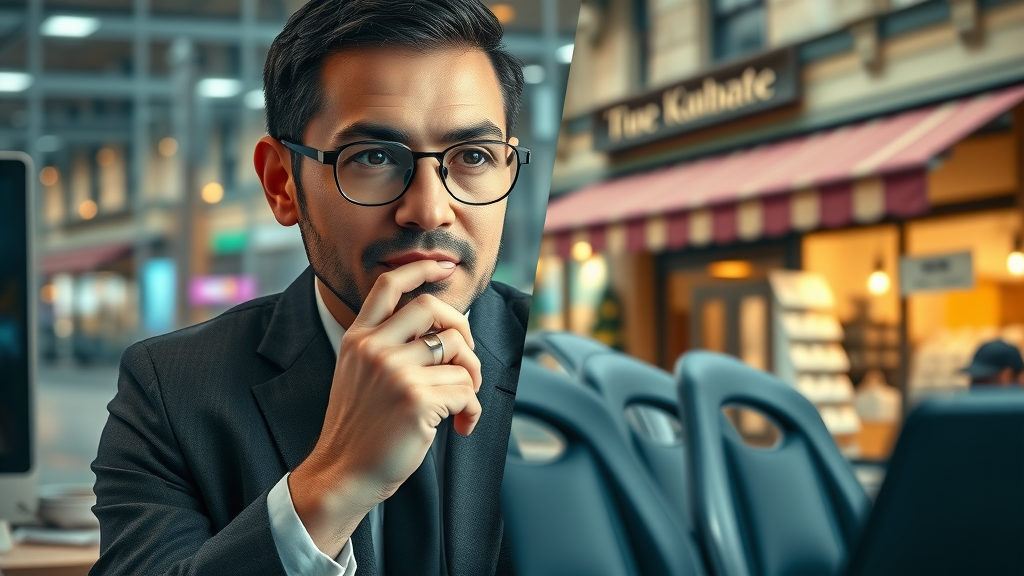 split scene modern digital workspace vs traditional storefront - small business growth strategies