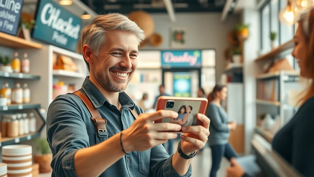 social media marketing local business storefront, cheerful owner posting on smartphone, cozy shop environment