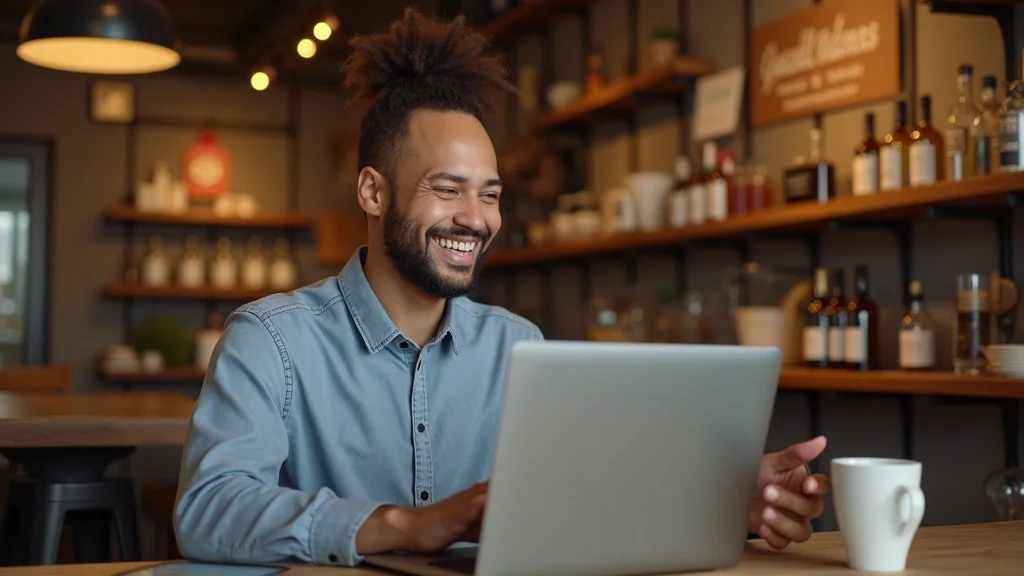 Digital marketing consulting for small business owner reading positive online reviews on a laptop for reputation management.